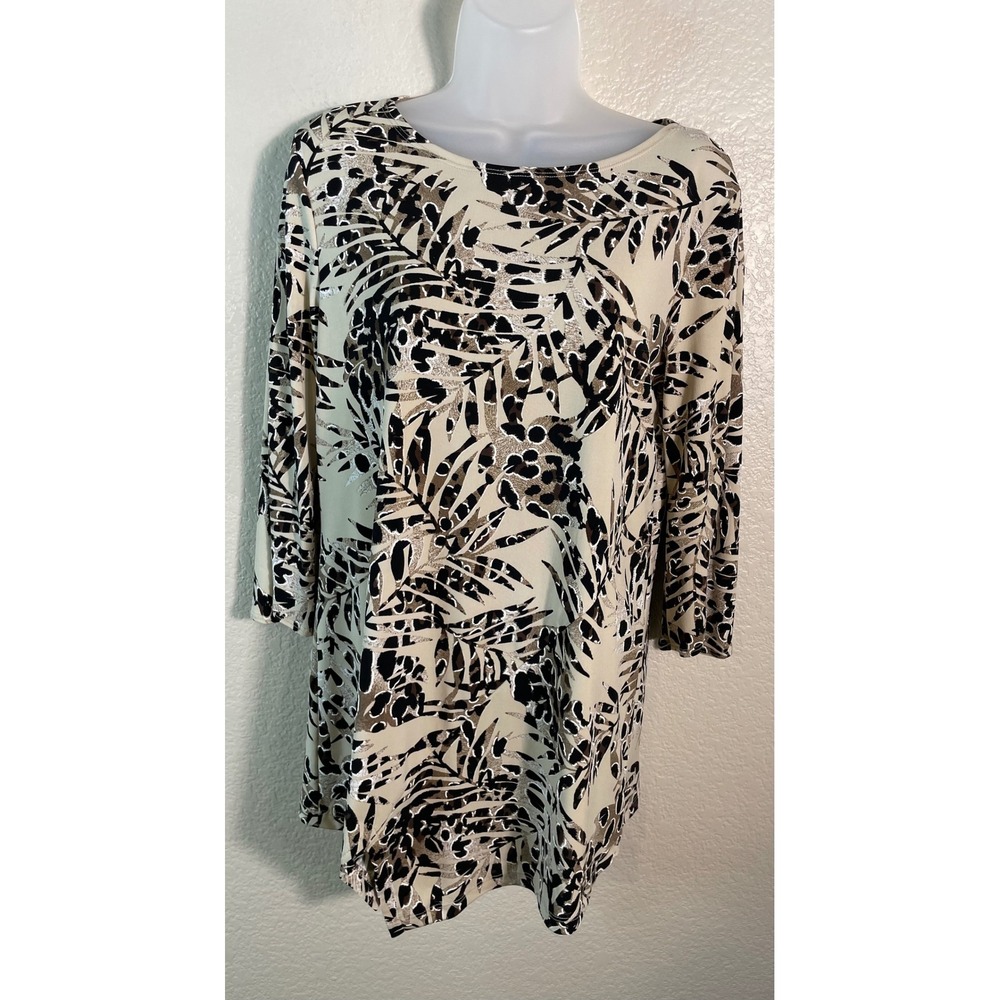 Clara Sun Woo XS Tunic Top Beige Black Abstract Tropical Animal Print 3/4 Sleeve